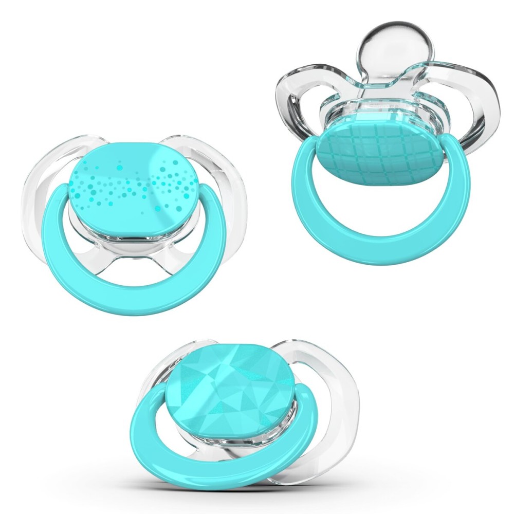 Smilo Baby Pacifier with Orthodontic Design for Healthy Dental Development - Stage 1 for Babies 0-3 Months - Pack of 3X 100% Silicone Newborn Pacifiers BPA Free - Aqua Blue