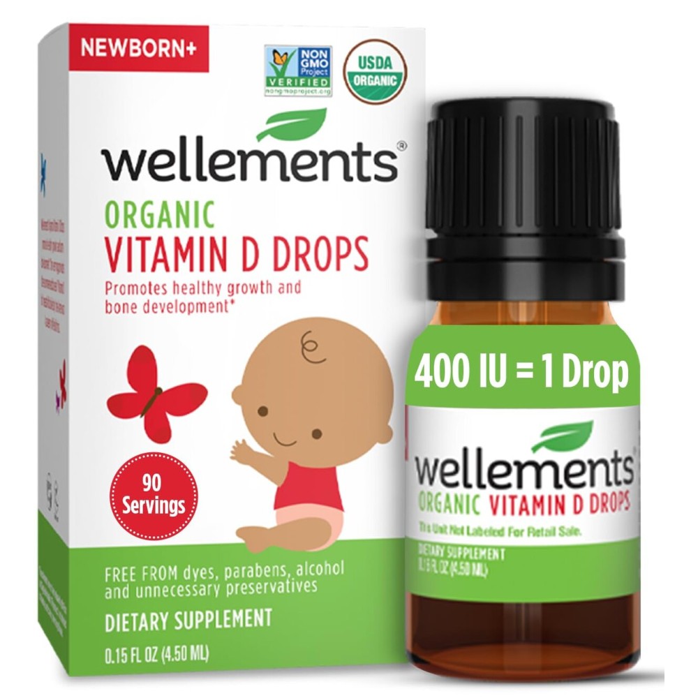 Wellements Baby Organic Vitamin D Drops for Infants & Toddlers (90-Day Supply) - Certified Newborn+ Liquid Vitamin D3 Drops, Support Healthy Growth & Bone Development 400 IU per Drop (1 Drop Daily)