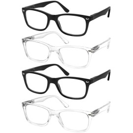 Success Eyewear Reading Glasses Set of 4 Quality Readers Spring Hinge Glasses for Reading for Men and Women Set of 2 Black and 2 Transparent 0.75