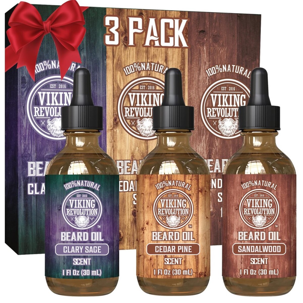 Viking Revolution Beard Oil for Men 3 Pack - Natural Mens Beard Oil Variety Set - Sandalwood, Pine and Cedar, Clary Sage Scents - Beard Conditioning and Moisturizing for a Healthy Beard (3 Pack, 1oz)