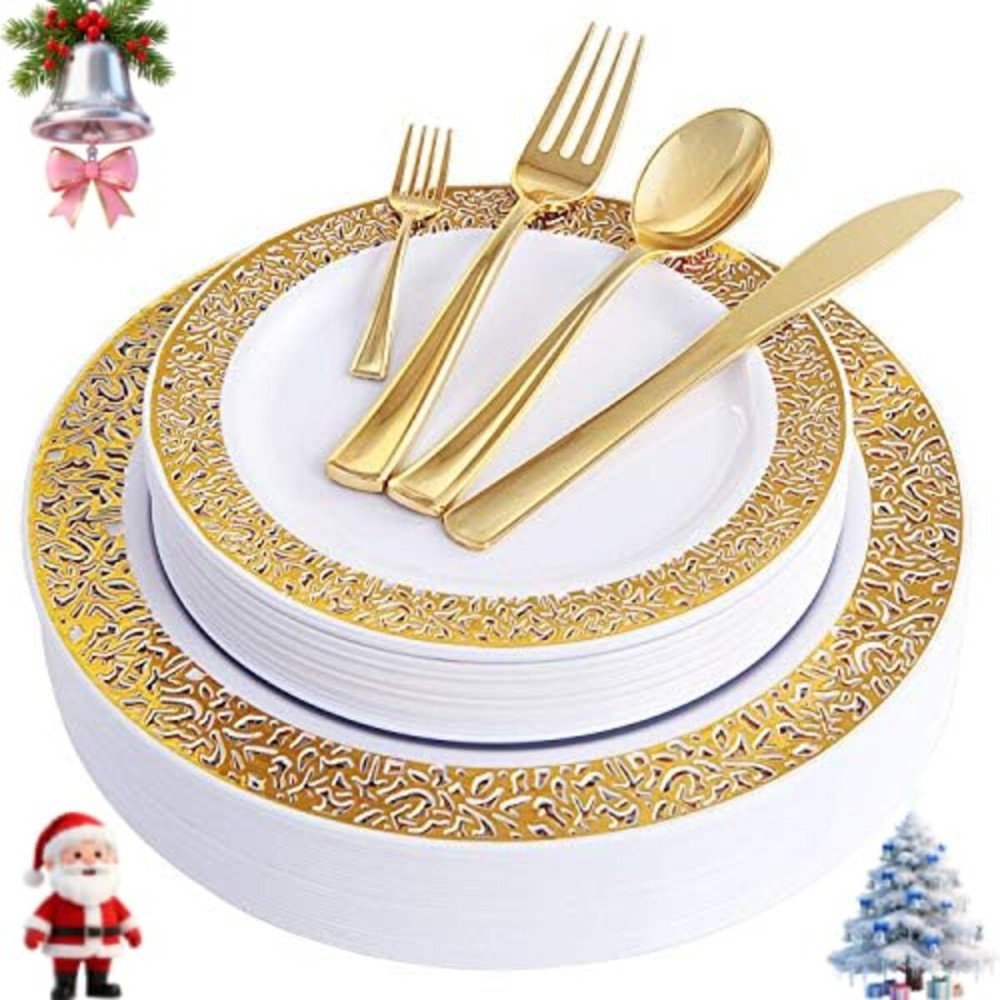 WDF 150PCS Gold Plastic Plates Set Christmas Plastic Plates 25Guests Gold Disposable Dinnerware Sets for Christmas