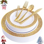 WDF 150PCS Gold Plastic Plates Set Christmas Plastic Plates 25Guests Gold Disposable Dinnerware Sets for Christmas