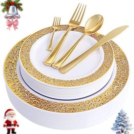WDF 150PCS Gold Plastic Plates Set Christmas Plastic Plates 25Guests Gold Disposable Dinnerware Sets for Christmas