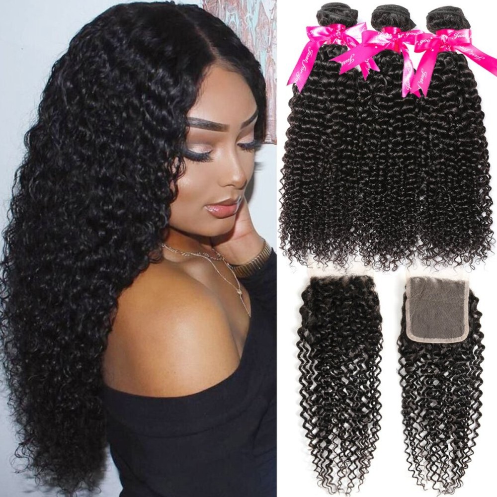 Hermosa Kinky Curly Human Hair Bundles with Closure Grade 10A Virgin Unprocessed Brazilian Curly Hair 3 Bundles with Closure Free Part(14 16 18 with 12 closure)