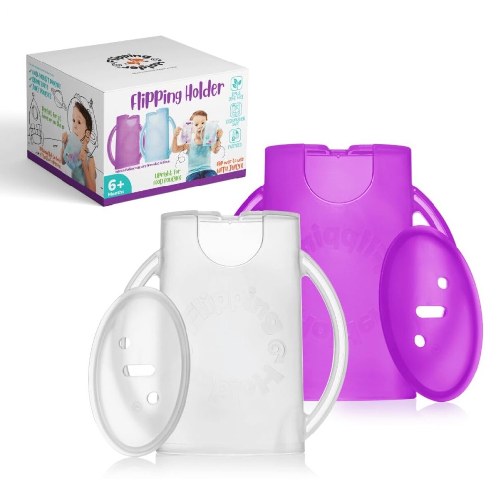 Flipping Holder Squeeze Proof Food Pouch Holder for Toddlers, Babies, Kids, Mess Free No Squeeze Juice Box Drink and Applesauce Snack Holder with Easy Grip Handles and Lid