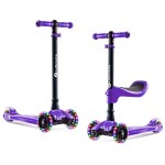 Lascoota 2-in-1 3-Wheel Scooter - Removable Seat Toddler Scooter - 4-Position Adjustable Handlebars Outdoor Toys - LED Light-Up Wheels Toys for Ages 5-7 - Purple, Ages 3-12, 100 lb Max