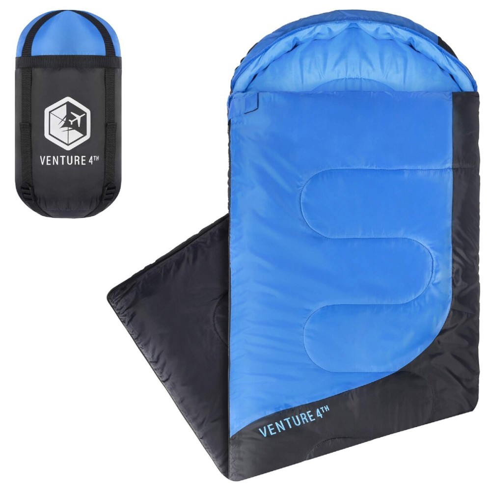 VENTURE 4TH Summer Sleeping Bag, Single, Regular Size - Lightweight, Comfortable, Water Resistant Backpacking Sleeping Bag for Adults & Kids - Ideal for Hiking, Camping & Outdoor - Blue/Gray