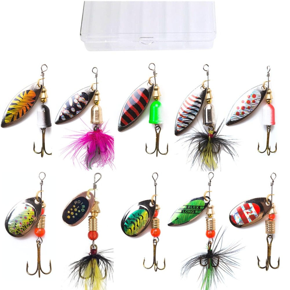 KINGFOREST 10-Piece Spinnerbait Fishing Lures Kit - Hard Metal Bass Trout Salmon Walleye Lures with Tackle Box | Freshwater & Saltwater Fishing Bait