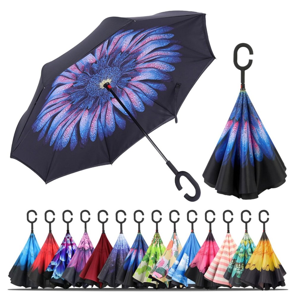 LLanxiry Inverted Umbrella, Windproof Reverse Umbrella with CShaped Handle, Self-Standing, DoubleLayer Canopy for Car, Travel & Everyday Use