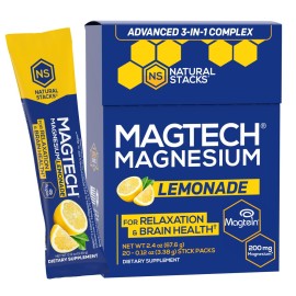 MagTech Magnesium Drink Mix - Sugar Free Lemonade - 3 Forms of Magnesium: Magtein L-Threonate, Glycinate & Taurate - 200mg Chelated Magnesium Complex - Supports Relaxation & Brain Health - 20 Servings