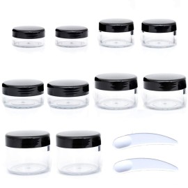 ZEJIA 10pcs Small Travel Containers, Black Sample Jars with Screw Lids, 5 Size 3/5/10/15/20 Gram, 12pcs Labels and 2pcs Mini Disposable Spatula, Makeup Sample Containers BPA Free