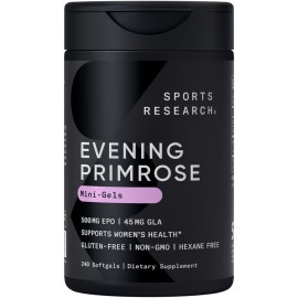 Sports Research Evening Primrose Oil (500mg) Cold-Pressed with No fillers or Artificial Ingredients, Non-GMO Tested - Gluten & Soy Free (240 Liquid Softgels)