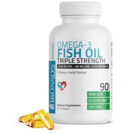 Bronson Omega 3 Fish Oil Triple Strength 2720 mg, High EPA 1250 mg DHA 488 mg, Non-GMO Heavy Metal Tested, 90 Softgels