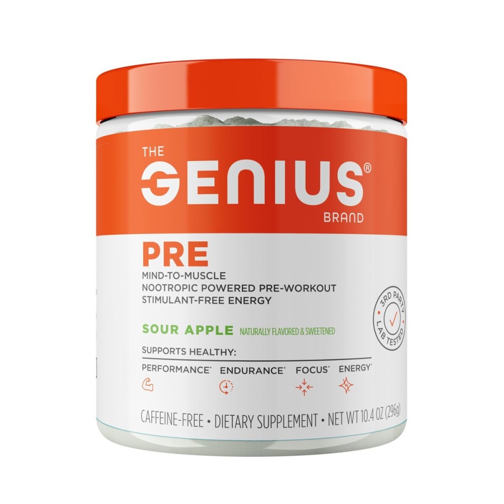 Genius Pre Workout Powder, Sour Apple - All-Natural Nootropic Pre-Workout & Caffeine-Free Nitric Oxide Booster Supplement with Beta Alanine & Alpha GPC - No Artificial Flavors, Sweeteners, or Dyes