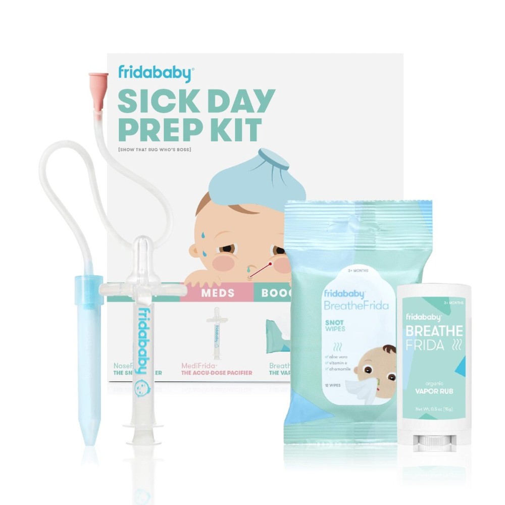 Frida Baby Sick Day Prep Kit, 4pc Set, Essentials Includes NoseFrida Nasal Aspirator, MediFrida Pacifier Medicine Dispenser, Breathefrida Vapor Chest Rub + Snot Wipes, Soothe Stuffy Noses for Babies