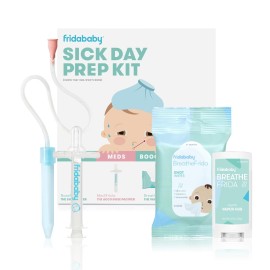 Frida Baby Sick Day Prep Kit, 4pc Set, Essentials Includes NoseFrida Nasal Aspirator, MediFrida Pacifier Medicine Dispenser, Breathefrida Vapor Chest Rub + Snot Wipes, Soothe Stuffy Noses for Babies