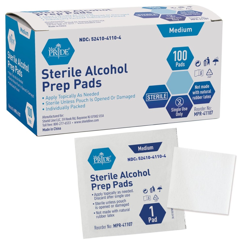 MED PRIDE Sterile Alcohol Prep Pads, Antiseptic, Individually Wrapped, Medical Grade, Latex Free, 2 Ply, 100 Count