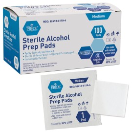 MED PRIDE Sterile Alcohol Prep Pads, Antiseptic, Individually Wrapped, Medical Grade, Latex Free, 2 Ply, 100 Count