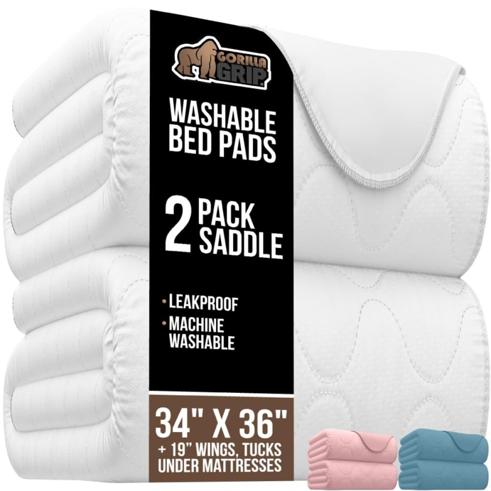 GORILLA GRIP Washable Toddler Mattress Incontinence Pads, Waterproof Bed Underpads, Absorbent Leak Proof, 34x36+19in Wings, 2 Pack Slip Resistant Pad Absorbs 8 Cups for Bedwetting Adults Kids, White