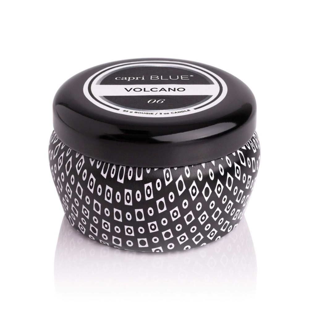 Capri Blue Volcano Scented Mini Tin Jar Candle - Printed Mini Tin Candles for Home Scented with Tropical Fruit & Sugared Citrus - Long Lasting Soy Wax Blend - Black (3 oz)