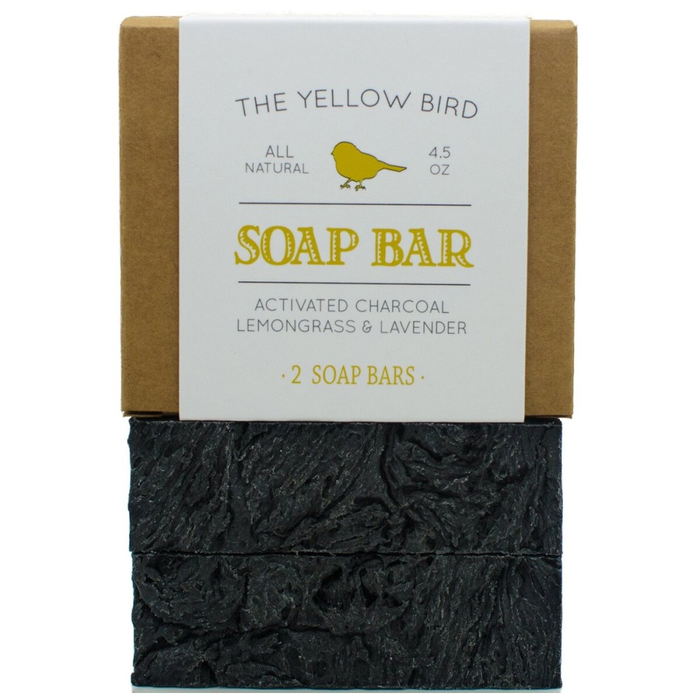 The Yellow Bird Natural Charcoal Soap Bar for Face, Body, Acne, Oily, and Sensitive Skin. (2 Bars)