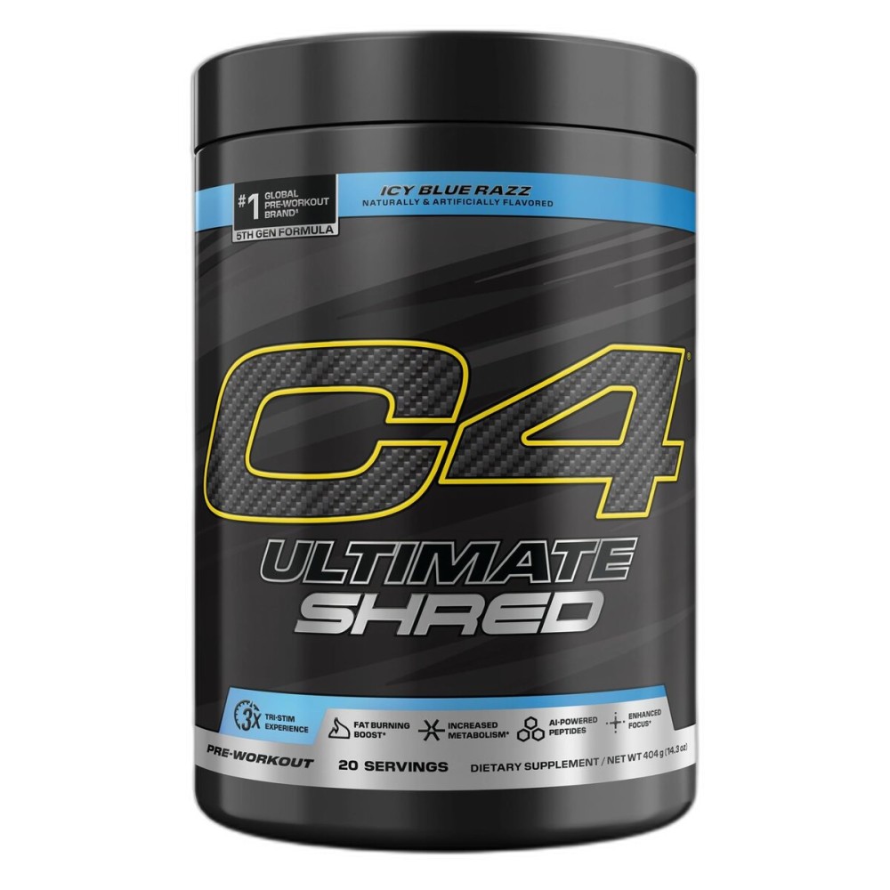 Cellucor C4 Ultimate Shred Pre Workout Powder, Fat Burner for Men & Women, Metabolism Supplement with Ginger Root Extract, ICY Blue Razz, 20 Servings (Pack of 1)