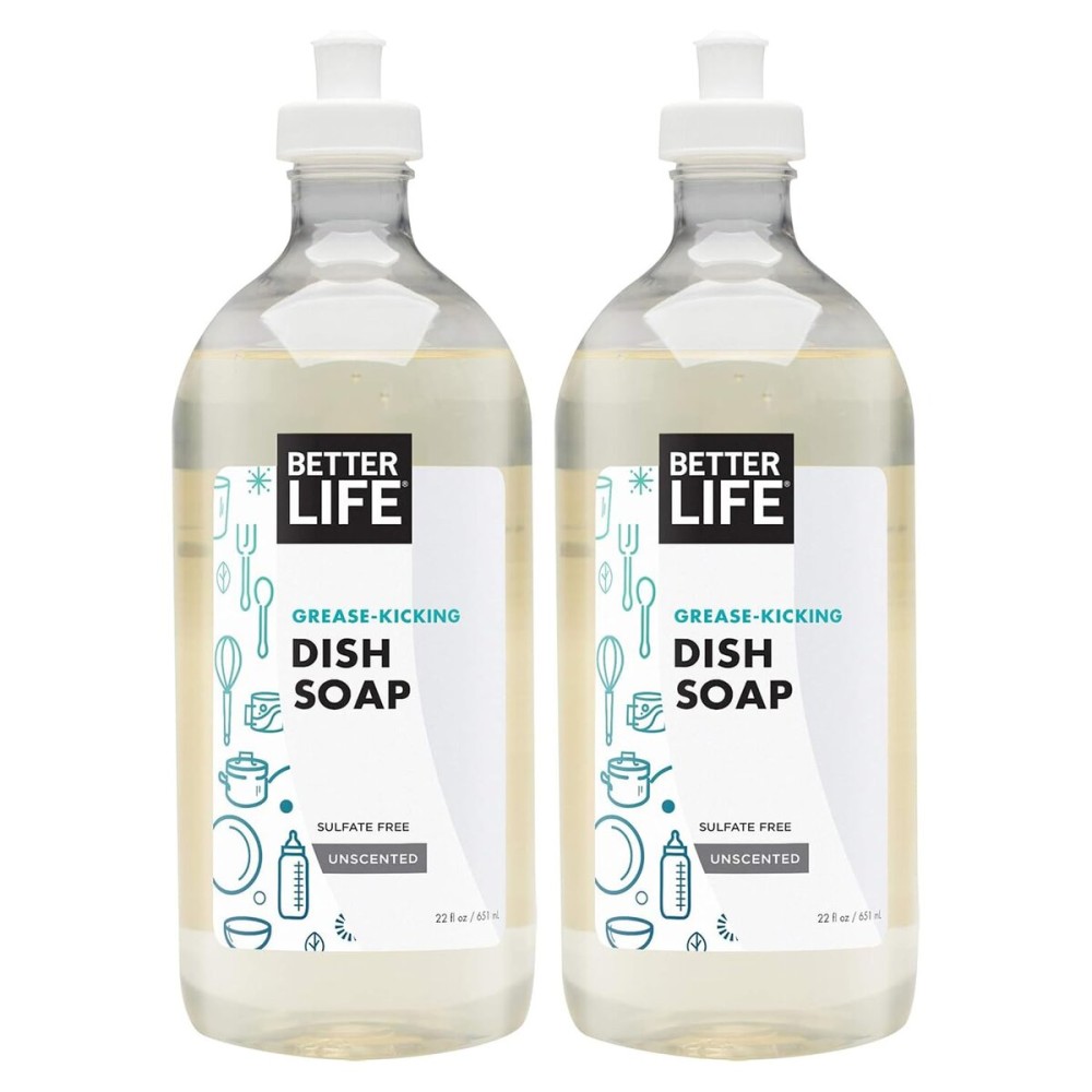 Better Life Dish Soap - Liquid Dishwashing Soap with Vitamin E and Aloe for Home & Kitchen Sink - No Gloves Required Kitchen Soap for Sensitive Skin - 22oz (Pack of 2) Unscented