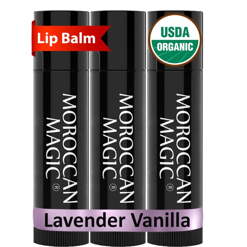 Moroccan Magic Organic Lavender Vanilla Lip Balm 3 Pack | Ultra-Hydrating Argan & Essential Oil Lip Moisturizer + Vitamin E | Natural Chapstick for Dry Lips | Smooth, Non-Toxic | Organic Lip Balm