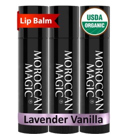 Moroccan Magic Organic Lavender Vanilla Lip Balm 3 Pack | Ultra-Hydrating Argan & Essential Oil Lip Moisturizer + Vitamin E | Natural Chapstick for Dry Lips | Smooth, Non-Toxic | Organic Lip Balm