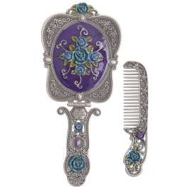 Nerien Vintage Metal Handheld Makeup Mirror with Comb - Russian Embossed Rose - Travel Portable Foldable Mirror - Decorative Tabletop Stand - Antique Pewter