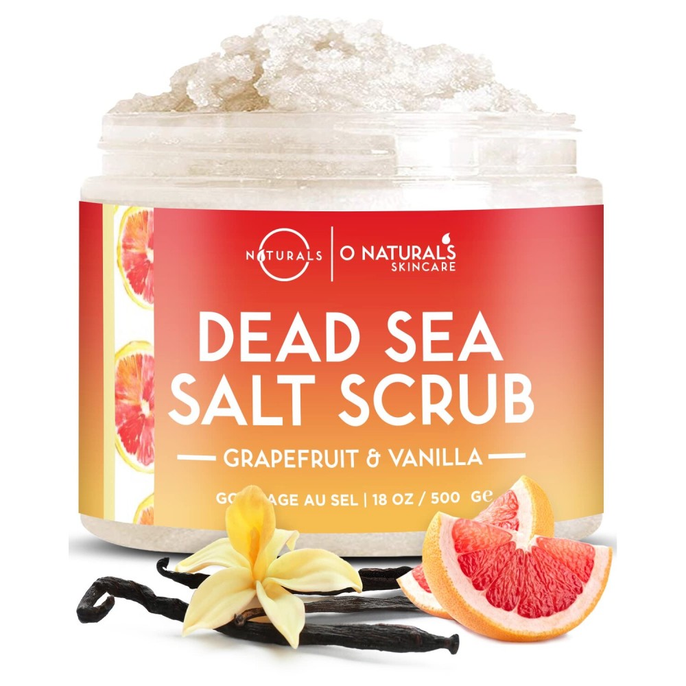 O Naturals Exfoliating Scrub, Natural Dead Sea Salt Deep-Cleansing Face & Body Scrubs. Anti-Cellulite Tones Helps Oily Skin, Acne, Ingrown Hairs & Dead Skin Remover - Grapefruit and Vanilla Oil 18oz