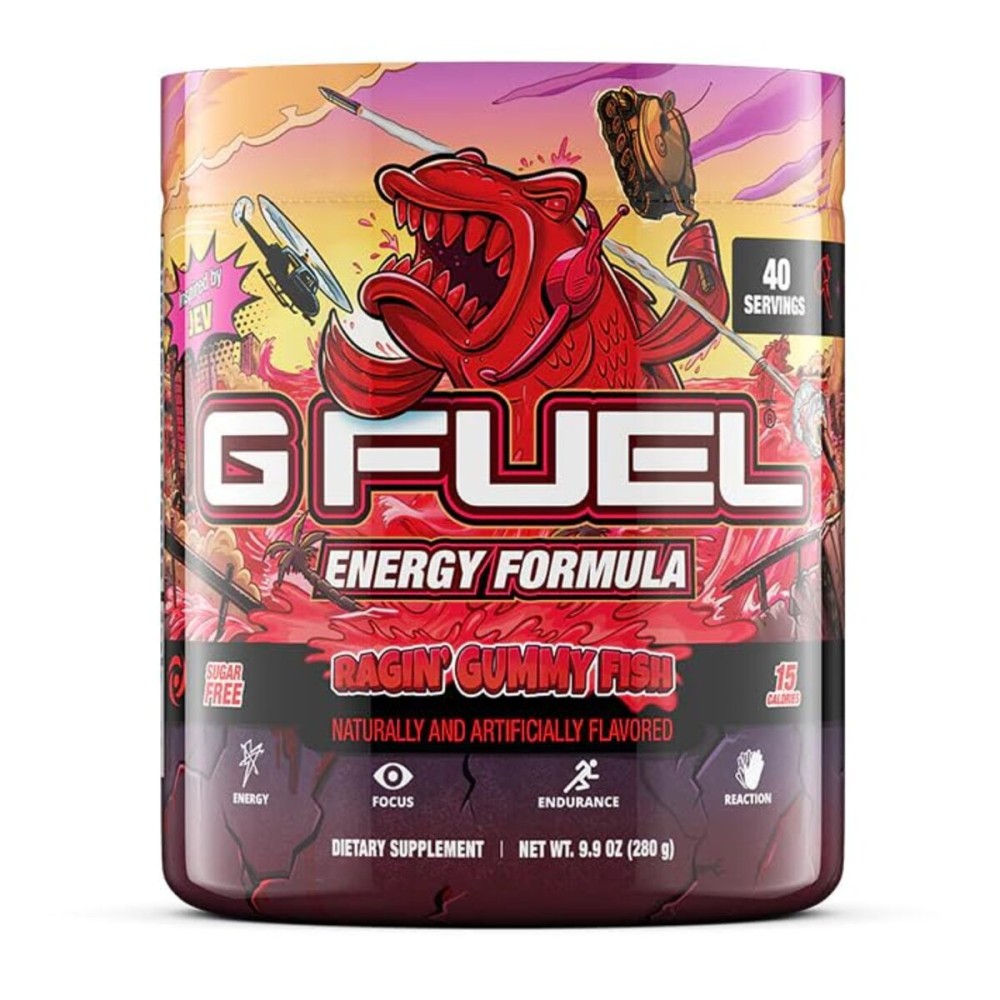 G Fuel Raging Gummy Fish Energy Drink Powder, Pre Workout Caffeine Mix for Gaming, Sugar Free Focus Amino, Vitamin + Antioxidants, 9.9oz (Gummy Fish Candy, 40 Servings)