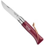 Opinel Colorama No.08 Folding Pocket Knife, Painted Wood Handles, Leather Lanyard (Burgundy)