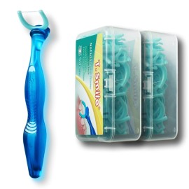 T.Smile NoFuss Dental Flosser Kit, 5-inch Long Handle & Refill Heads, Extra-Strength Floss for Comfortable Clean, Fluoride Free, (1 Blue Handle + 100 Extra-Strength Floss Refills)