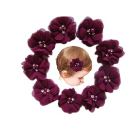 Baby Girls Chiffon Flower Hair Clips with Rhinestones and Pearl,YYCRAFT 10 pcs Party Wedding 2 Hair Accessory for Kids Toddler Infant Girls(Deep Plum)