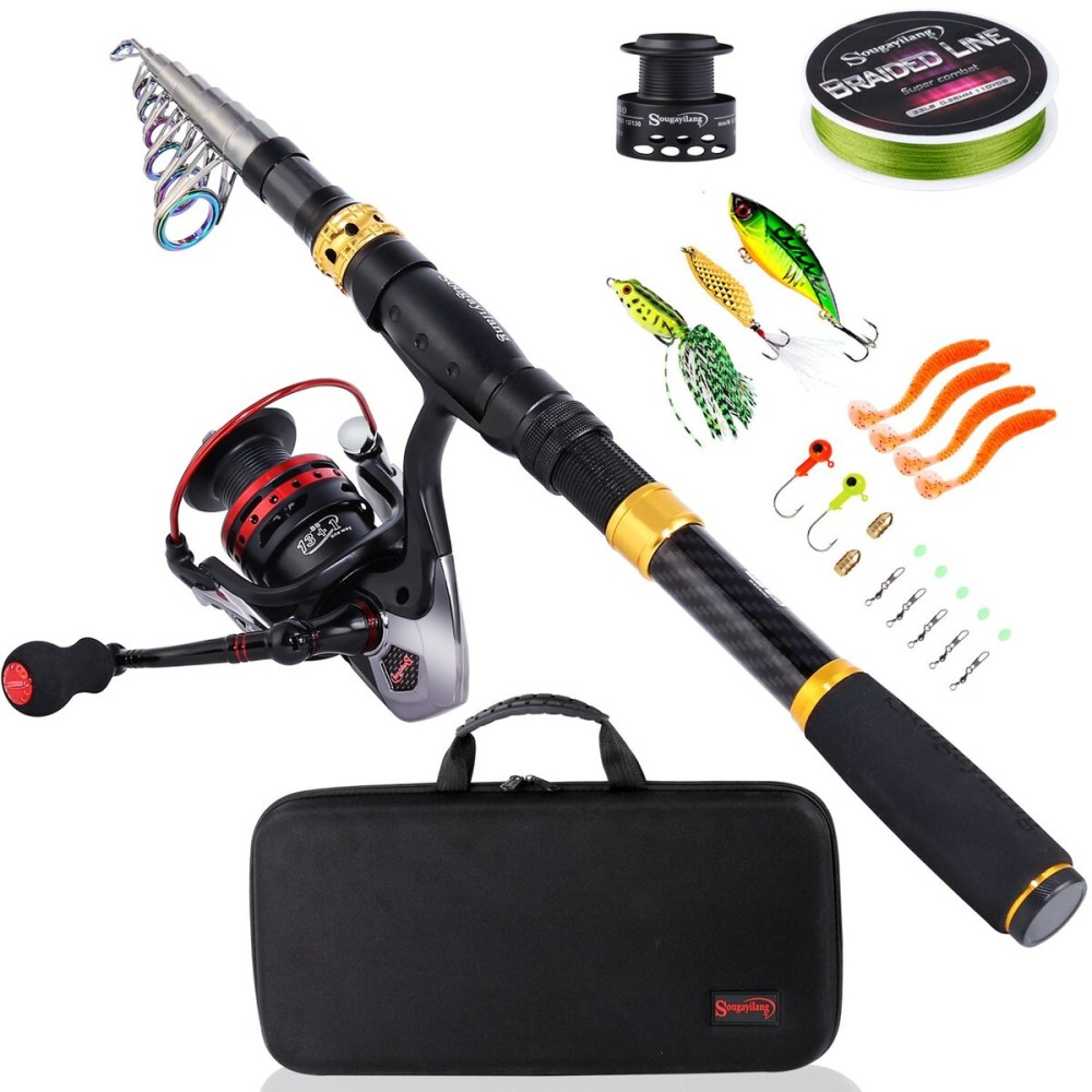 Sougayilang Fishing Rod Combos with Telescopic Fishing Pole Spinning Reels Fishing Carrier Bag for Travel Saltwater Freshwater Fishing(2.4M/7.87FT)
