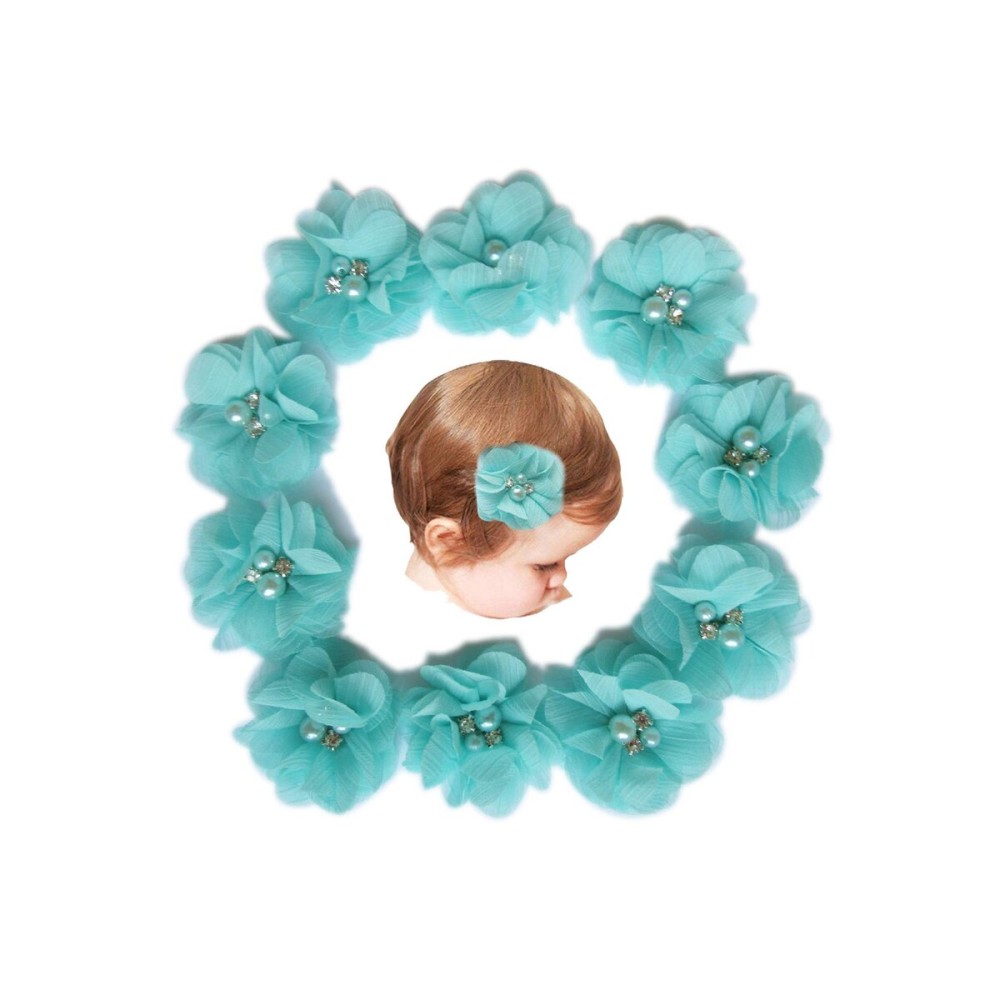 Baby Girls Chiffon Flower Hair Clips with Rhinestones and Pearl,YYCRAFT 10 pcs Party Wedding 2 Hair Accessory for Kids Toddler Infant Girls(Mint)