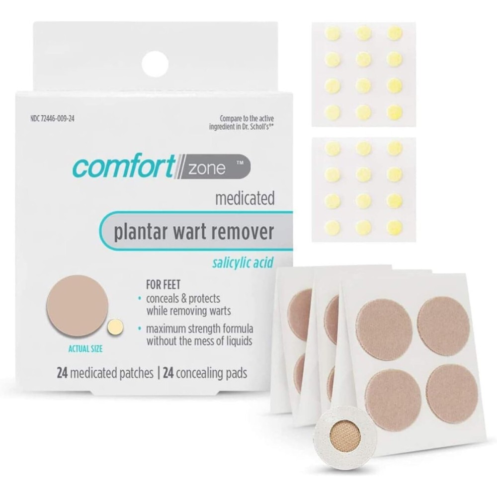 Comfort Zone Plantar Wart Removal Kit, Maximum Strength Salicylic Acid Plantar Wart Remover for Feet with Medicated Patches & Concealing Pads, 24 Count