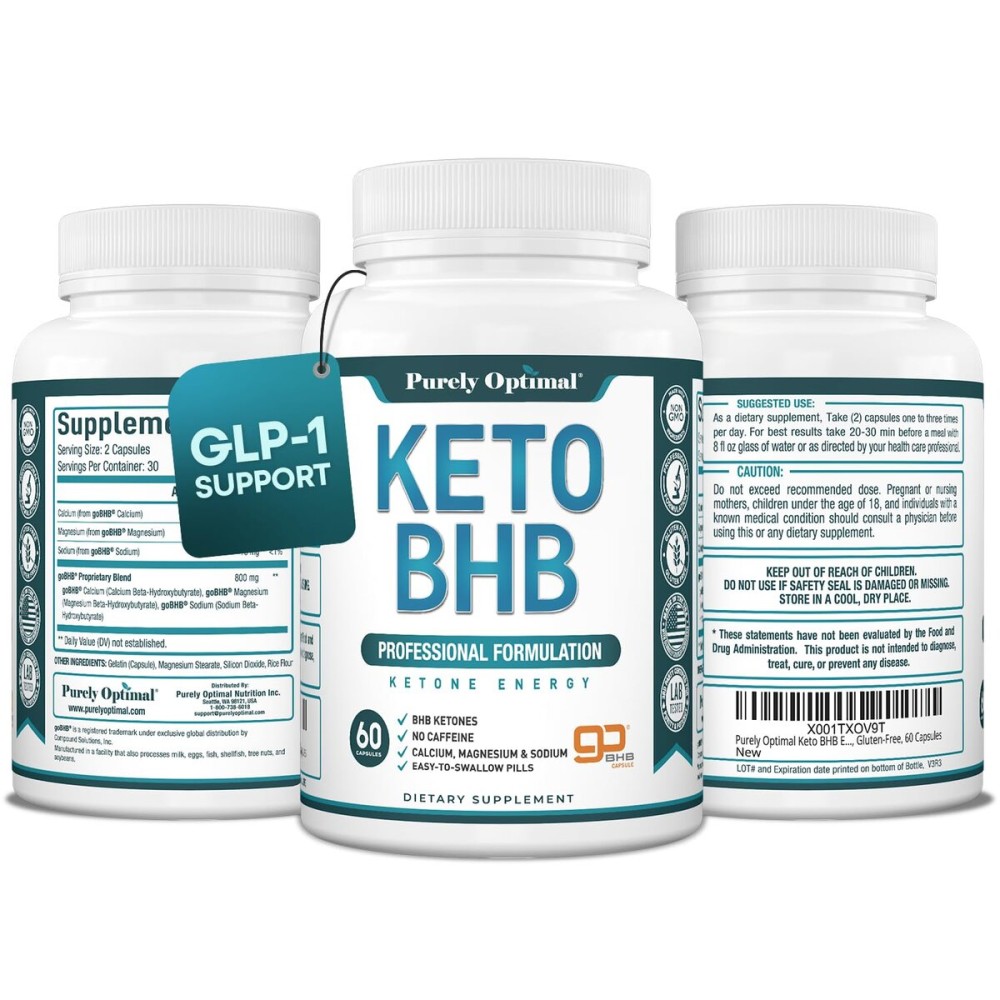 Purely Optimal Keto BHB Capsules - Exogenous Ketone Pills for Ketosis Support, Sustained Energy, Focus & Metabolism - for Women & Men, 60 Capsules