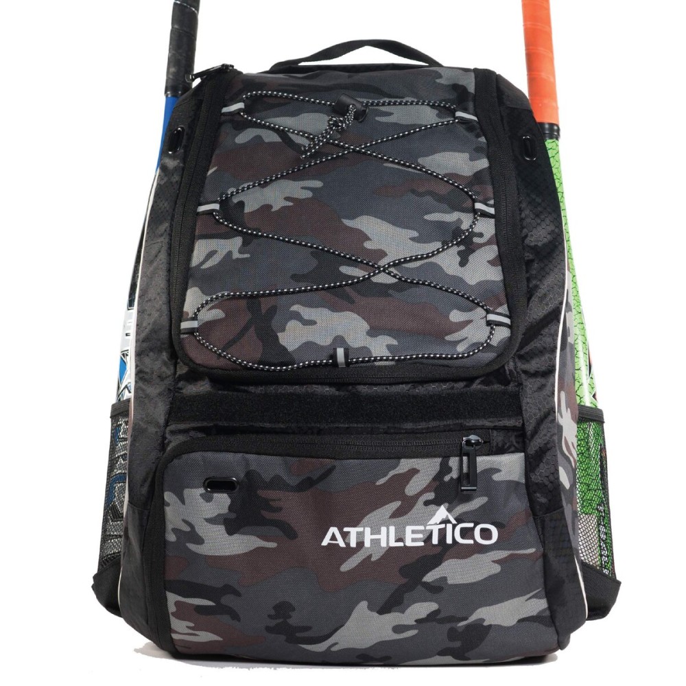 Athletico Baseball Bat Bag - Backpack for Baseball, T-Ball & Softball Equipment & Gear for Youth and Adults | Holds Bat, Helmet, Glove, & Shoes |Shoe Compartment & Fence Hook (Gray Camo)