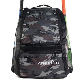 Athletico Baseball Bat Bag - Backpack for Baseball, T-Ball & Softball Equipment & Gear for Youth and Adults | Holds Bat, Helmet, Glove, & Shoes |Shoe Compartment & Fence Hook (Gray Camo)