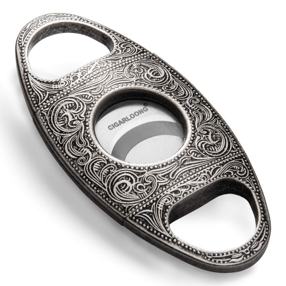 CIGARLOONG Cigar Cutter Stainless Steel Bronze Engraved Double Cut Blade (Color:Silver1)