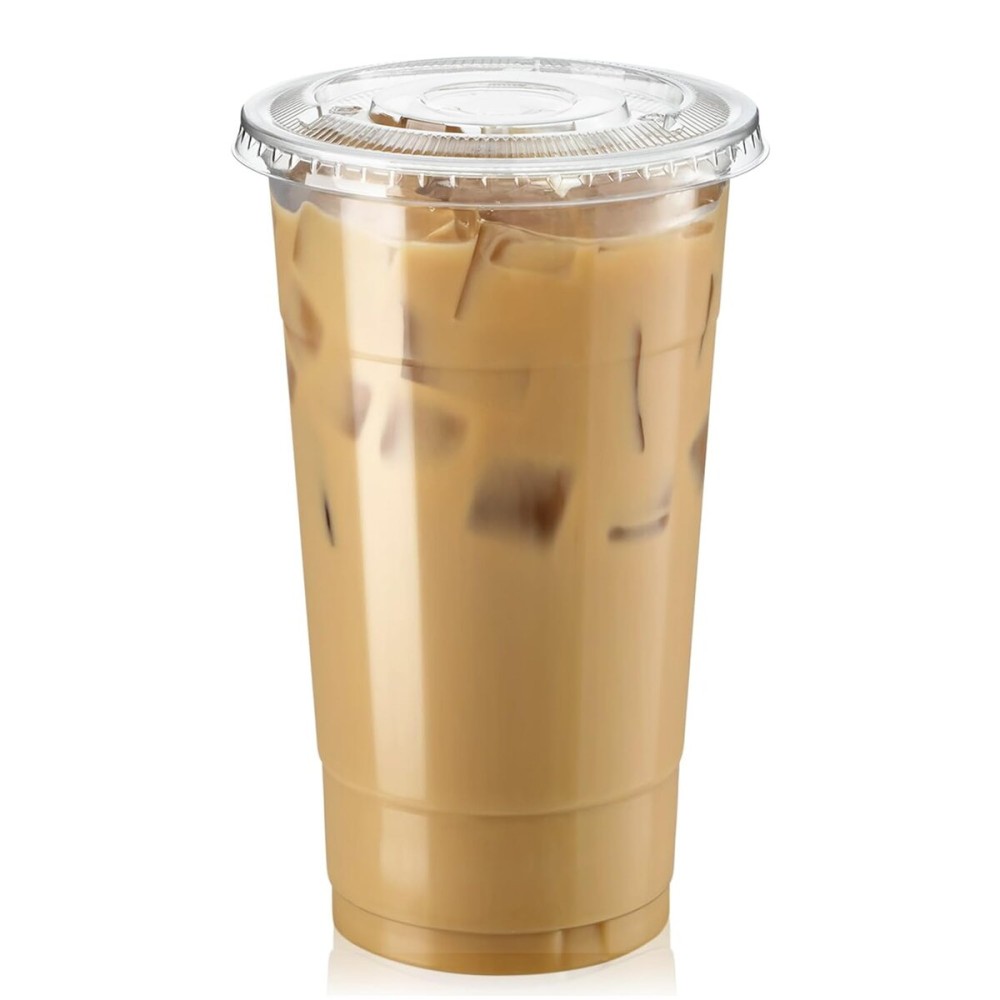 Fit Meal Prep 100 Pack 32 oz Clear Plastic Cups with Flat Lids, Disposable Iced Coffee Cups, BPA Free Premium Crystal Smoothie Cup for Party, Lemonade Stand, Cold Drinks, Juice, Milkshake