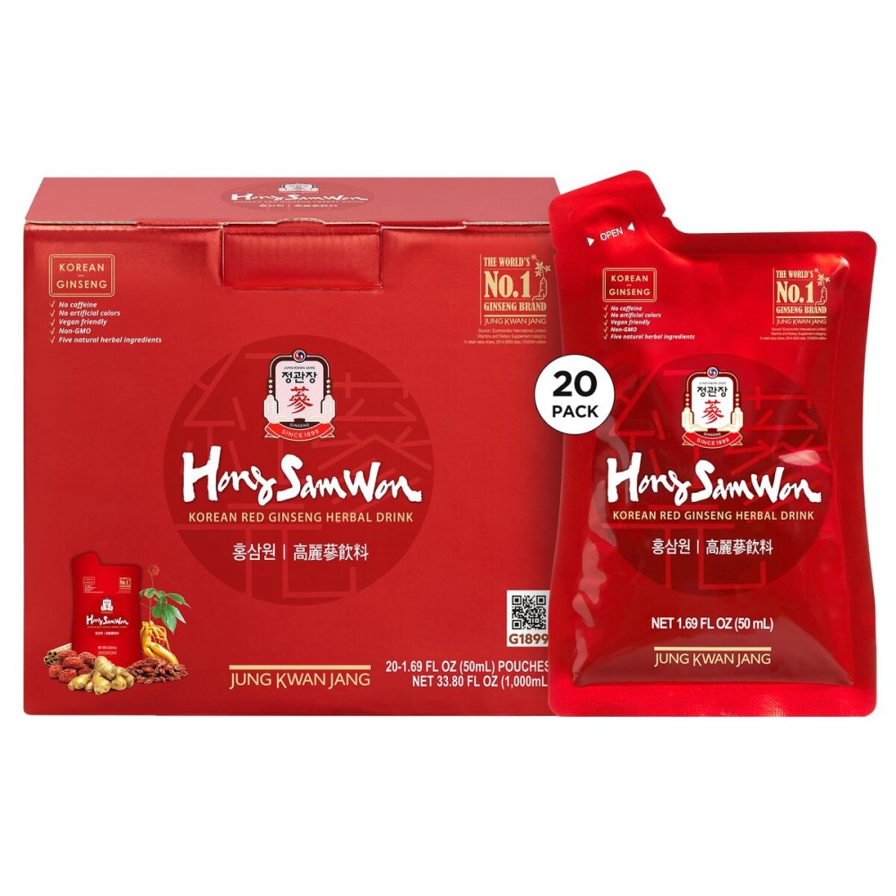 JUNG KWAN JANG Hong Sam Won Korean Red Ginseng Drink | Energy Drink, Pre Workout, Herbal Tea, Ginseng Supplement | Jujube, Ginger, Cinnamon, Goji Berry | Vegan Friendly (20 Count)