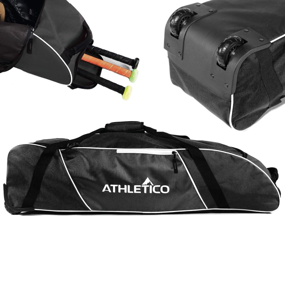 Athletico Rolling Baseball Bag - Wheeled Bat, TBall, & Softball Equipment for Youth, Kids, and Adults (Black)