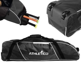Athletico Rolling Baseball Bag - Wheeled Bat, TBall, & Softball Equipment for Youth, Kids, and Adults (Black)