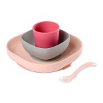 BEABA 100% Silicone 4-Piece Baby Feeding Set, Suction Plates for Baby, Made w/High Grade Food Safe Silicone, Rose