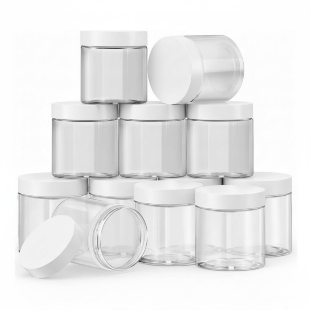 SATINIOR 12 Pack 10 oz Plastic Container Jars with Lids Round Clear Travel Cosmetic Container Jars for Toiletries, Lotion, Cream, Ointments, Makeup, Rhinestone, Samples, Kitchen Storage(White)