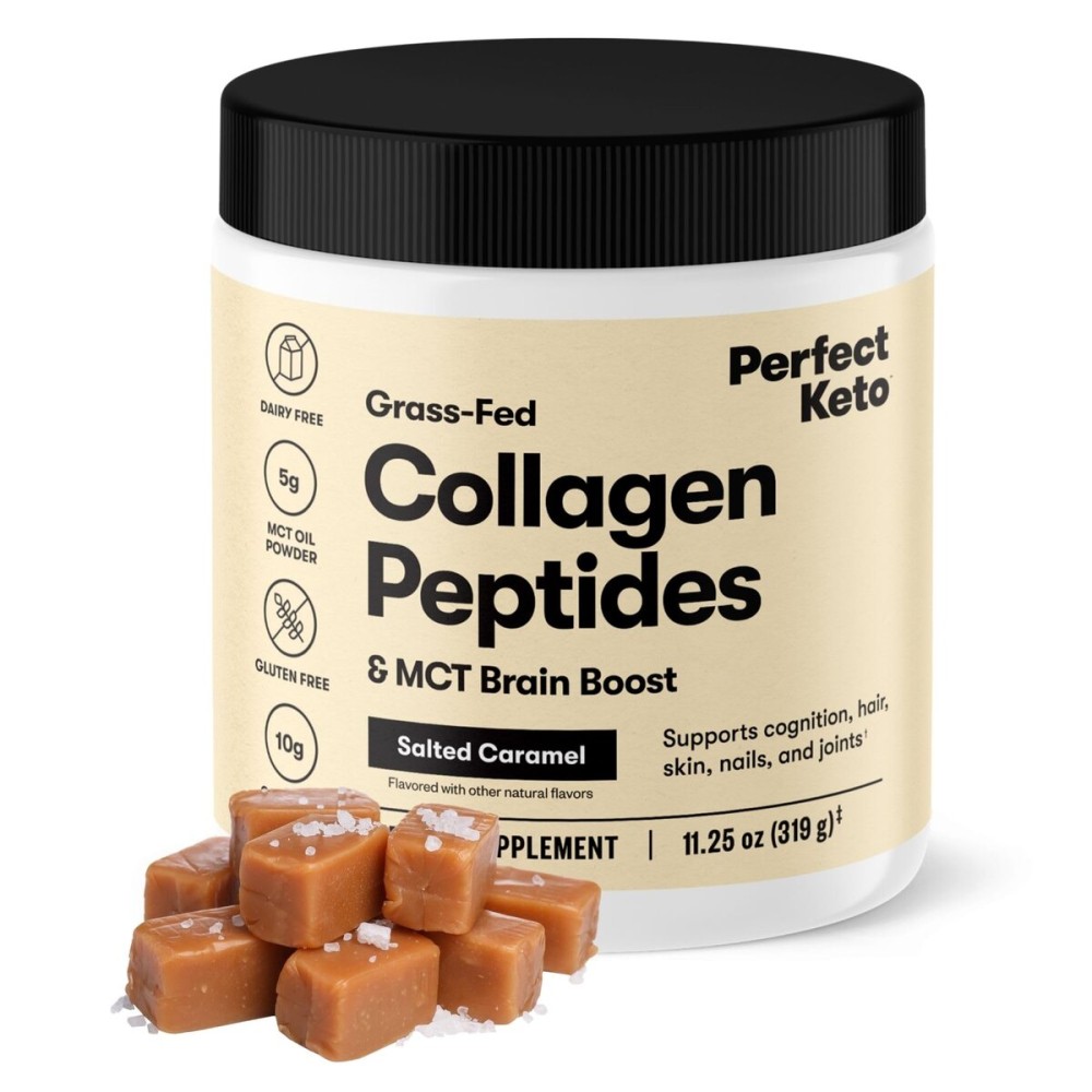 Perfect Keto Collagen Peptides Protein Powder with MCT Oil, Hydrolyzed Collagen, Type I & III Supplement, Gluten Free Grass Fed, Low Carb, Keto Coffee Creamer, Collagen for Women & Men, Salted Caramel