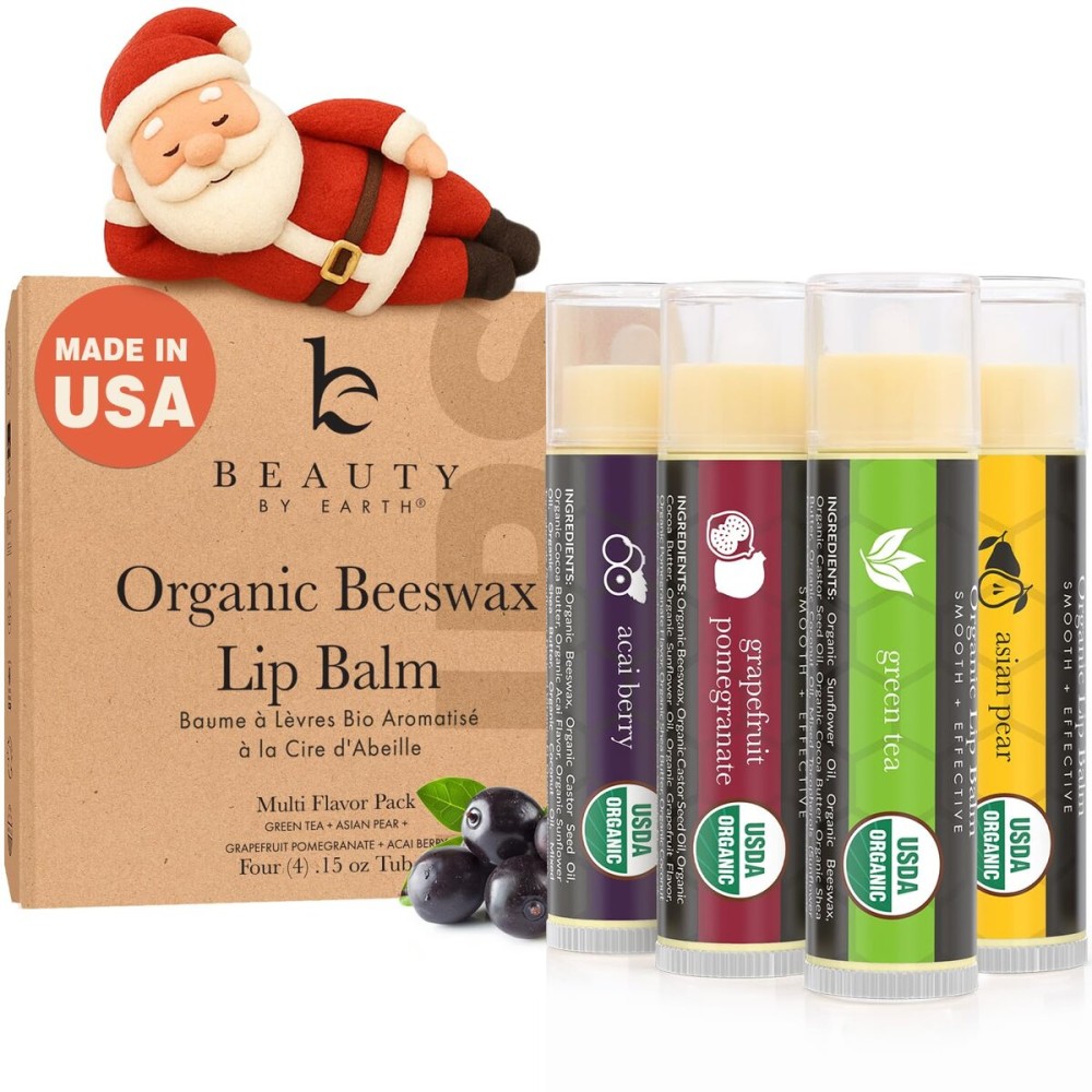 USDA Organic Lip Balm - USA Made with Natural Ingredients, Stocking Stuffers for Women & Men, 4 Pack Multi Flavor Lips Moisturizer, Beauty & Small Birthday Gifts, Chapstick Care for Dry Lips
